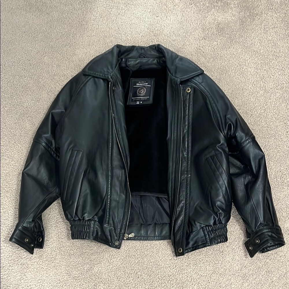 Varsity-Style Black Leather Bomber Jacket